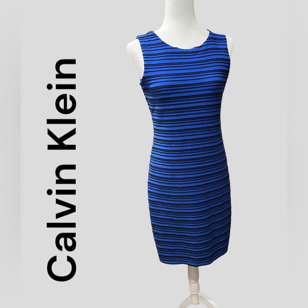 Calvin Klein Blue Black Striped Sheath Dress, Scoop Neck, Sleeveless, Stretchy